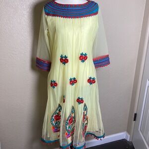 Preeti Jhawar Luxury Boho Yellow Peacock Embroidered Midi Dress Pom Pom Trim Med